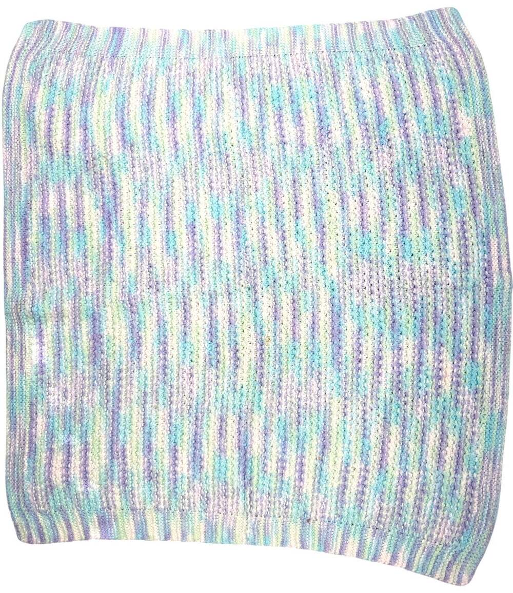 Vintage 1970s Hand Knit Baby Blanket Pastel Stripe 32x34